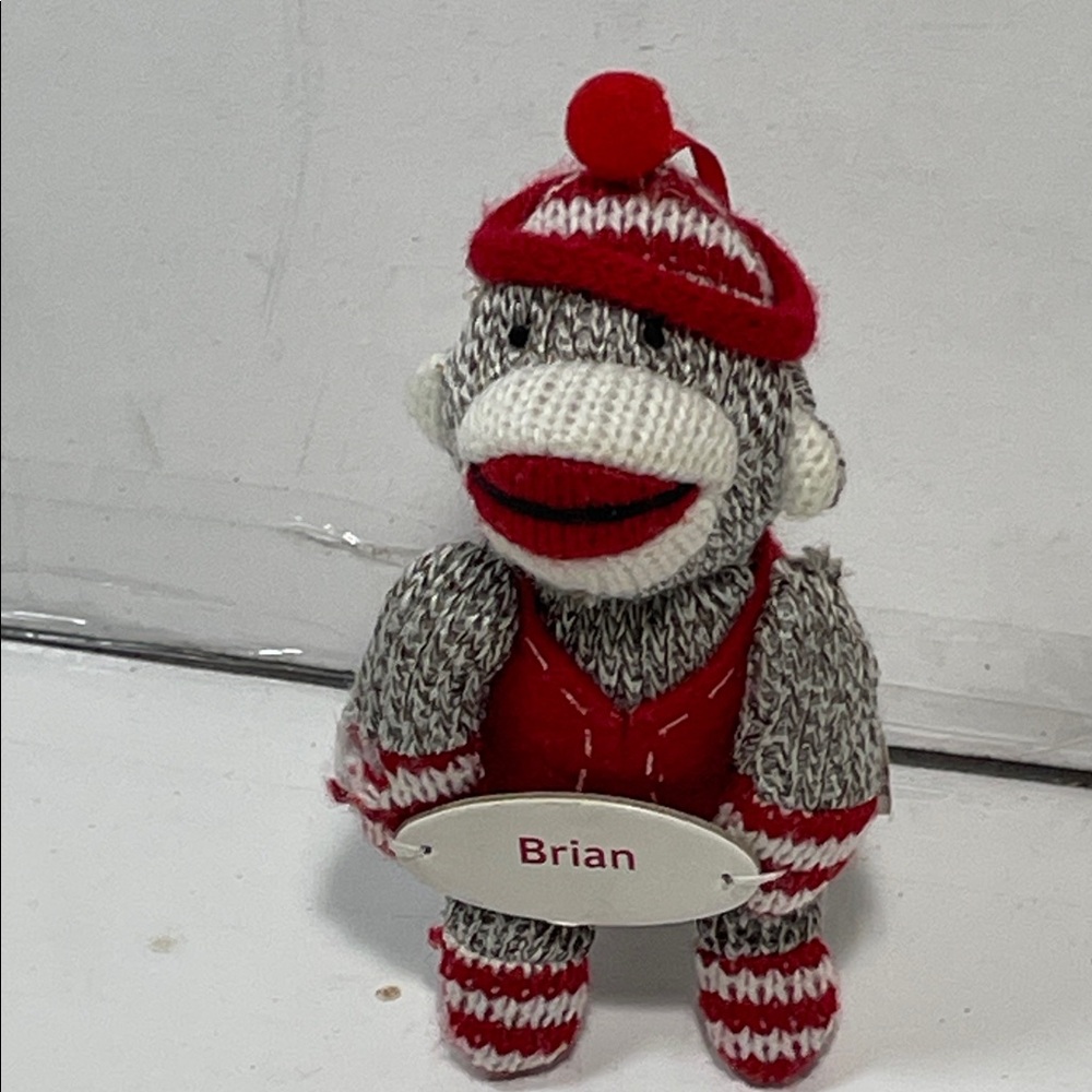 North Pole Trading Co. Brian Red Gray Knit Sock Monkey Plush Christmas Ornament